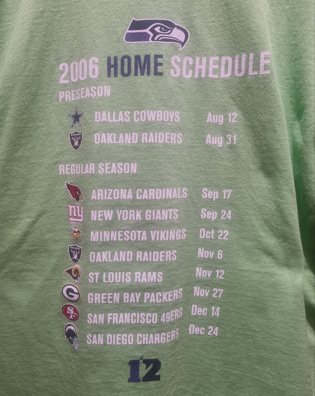 Seattle Seahawks 2006 Home Schedule Made by Gilden XL